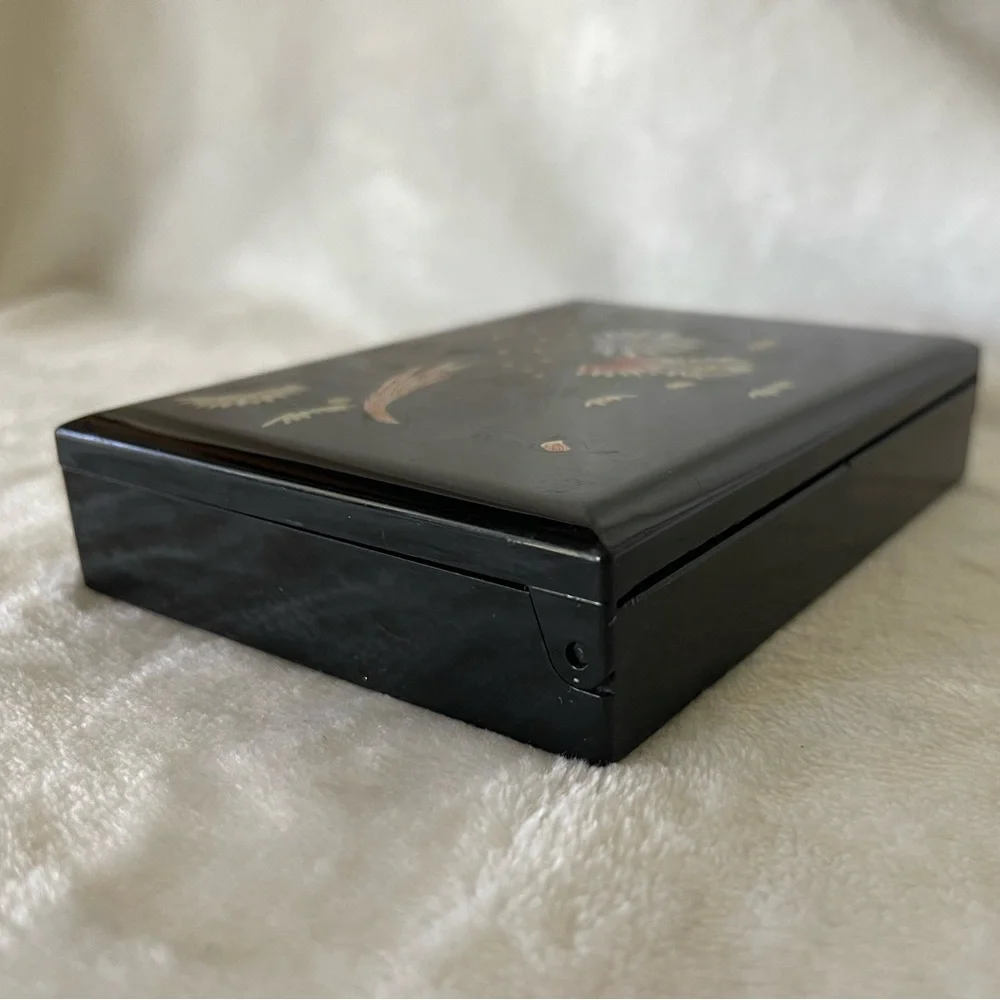 Vintage Black Lacquered Peacock Floral Mini Travel Tissue Box with Mirror